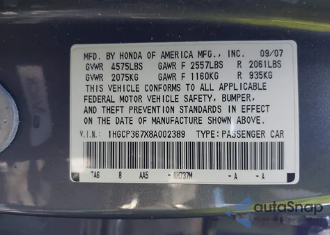 2008 Honda Accord 3.5 Ex из США, поврежденный, VIN 1HGCP367X8A002389